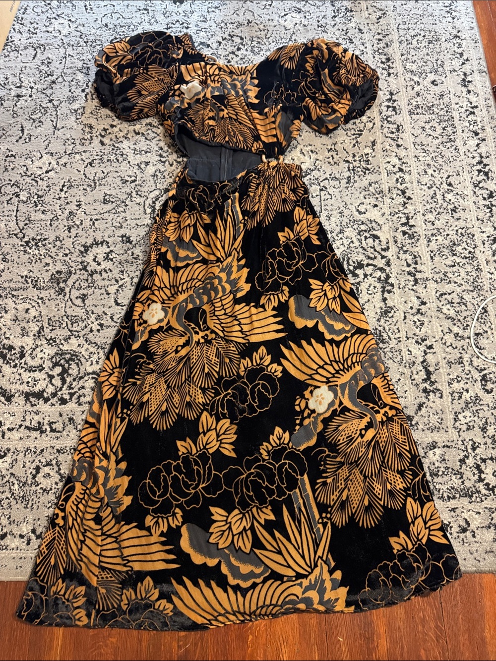 Anthropologie Black & Gold velvet burnout Floral Maxi Dress with cutout detail
